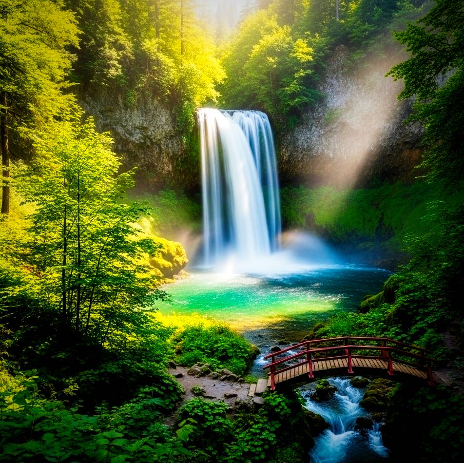 An accessible waterfall with a paved path, suitable for families and wheelchairs.