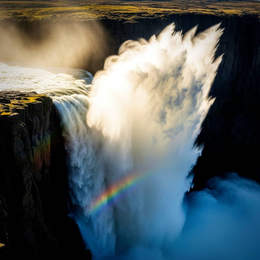 A dramatic and powerful waterfall cascading down a rocky cliff.