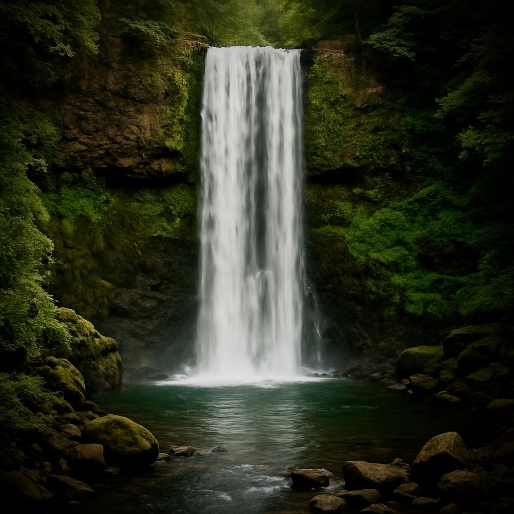 A stunning waterfall cascades over a moss-covered cliff into a serene emerald pool, surrounded by lush greenery and rocky terrain.