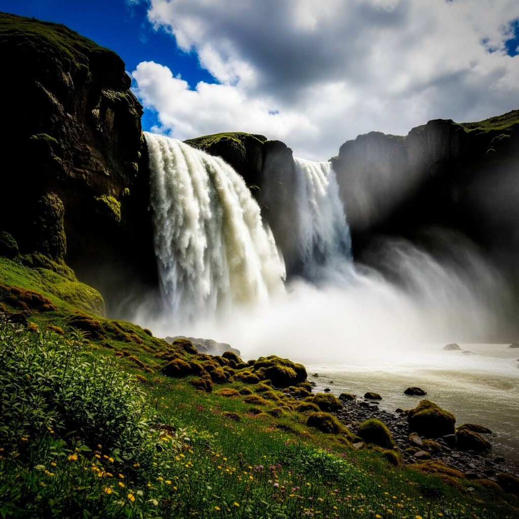 A secluded and peaceful waterfall surrounded by lush greenery.