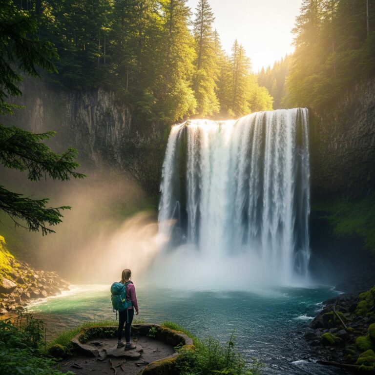A lone hiker stands on a mossy overlook, dwarfed by a powerful, sunlit waterfall, illustrating the concept of awe in nature for mental well-being.