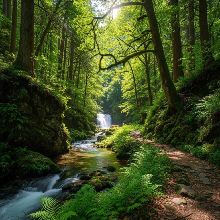 A lush forest path with dappled sunlight runs alongside a clear stream leading towards a gentle waterfall, embodying the practice of Shinrin-yoku.