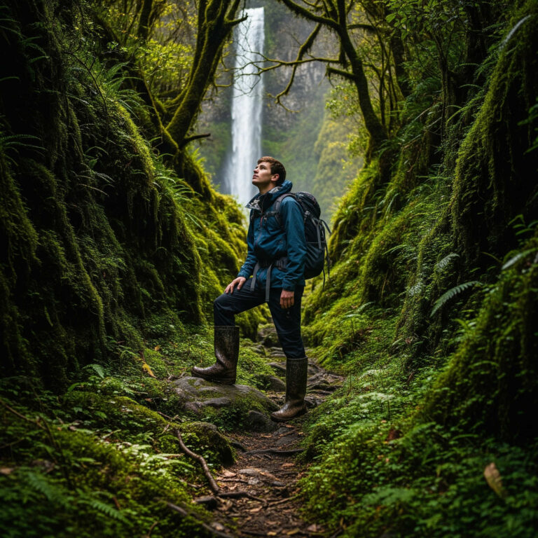 From the perspective of a forest trail, a hiker with muddy boots looks ahead to a clearing where a beautiful waterfall is visible for the first time on their journey.