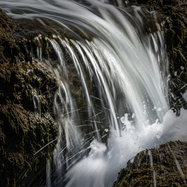 An abstract close-up photo of water in motion, cascading like silk over dark, wet rocks covered in green moss, with sunlight catching the spray like glitter.
