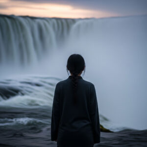 A person stands perfectly still in front of a powerful, roaring waterfall. The immense sound and motion of the water contrasts with the person's calm and peaceful posture.