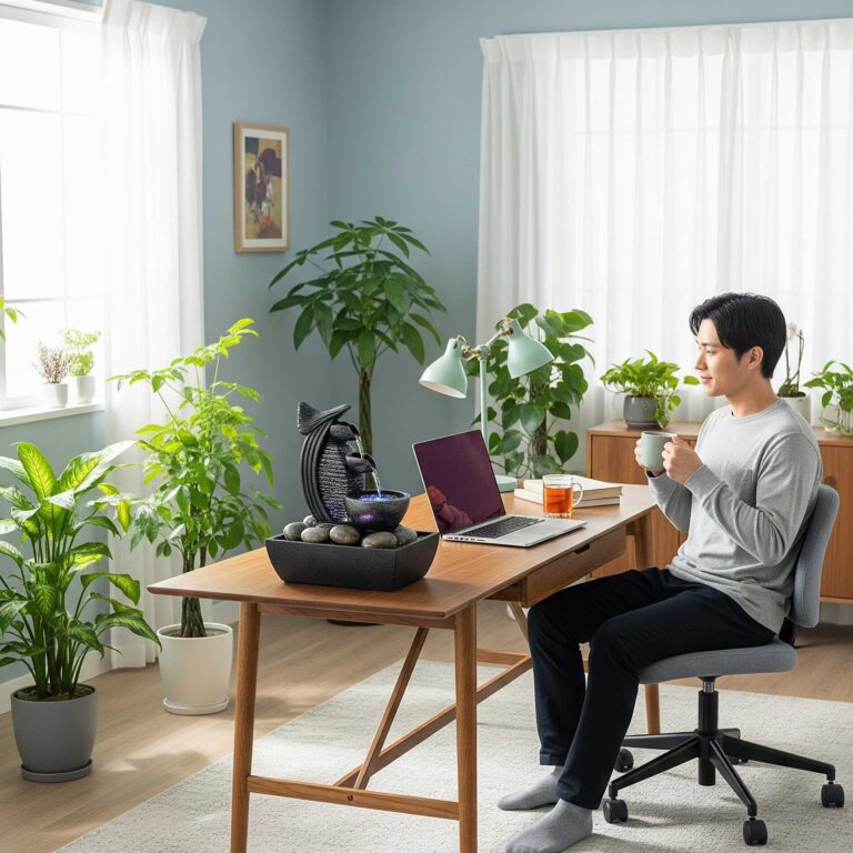 A modern home office with a small tabletop water fountain, demonstrating how to bring the calming sounds of water indoors for relaxation.