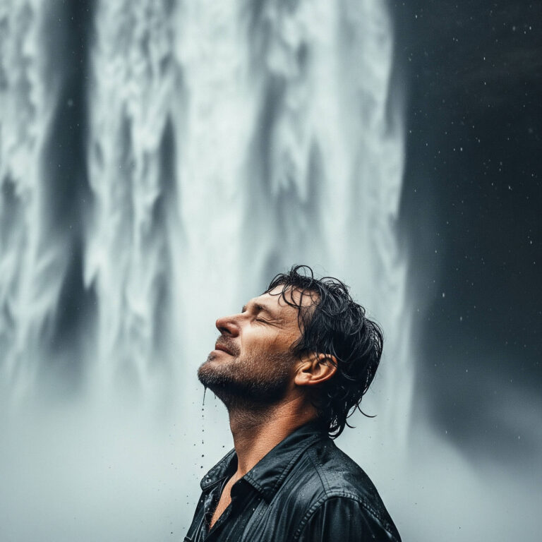 A person stands at the base of a gigantic, powerful waterfall, dwarfed by its immense scale. They are looking up with a look of wonder as mist from the falls surrounds them.