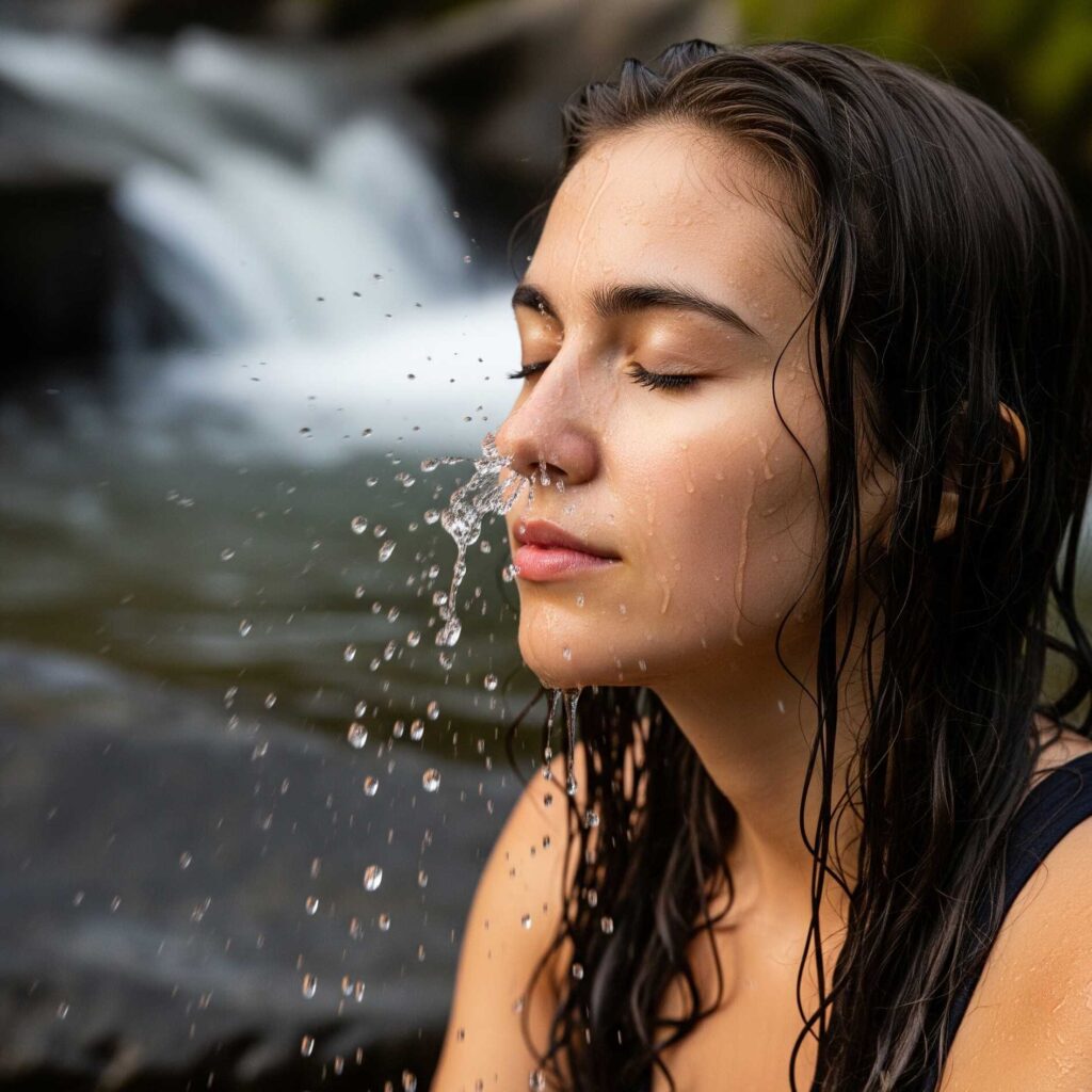 A person with eyes closed sits peacefully on a rock by a waterfall, feeling the mist on their skin during a mindful meditation exercise.
